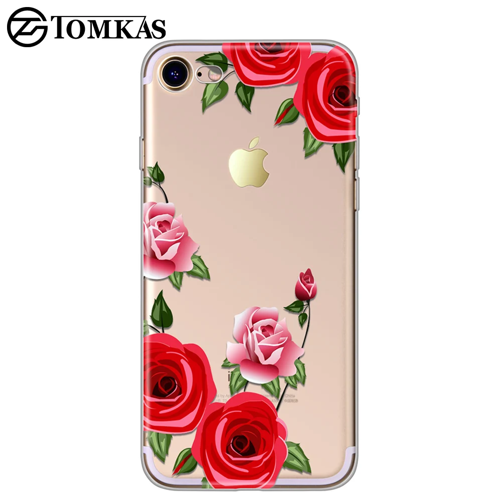 

TOMKAS Flower Case For iPhone X 8 7 6 6s 5 5s SE Floral Red Rose Clear Silicone Phone Bags Cover For iPhone 7 Plus 6 Plus Cases