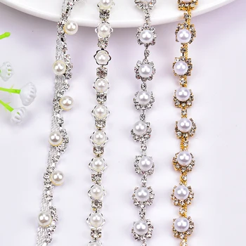 

1Yard/lot AAA Crystal Rhinestone Trim Clear Stone Pearl Flower Chain Wedding Decoration Diy Accessories Sew On Bags Shose 1cm