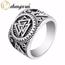 CHENGXUN Valknut Viking Rodada Big Largura Signet Anel de Dedo Homens Preto Prata Moda Jóias Por Atacado Do Vintage 15mm(China)