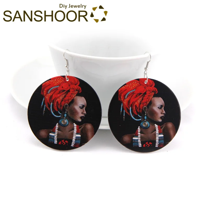 

SANSHOOR 6cm Big Printed Afro Natural Hair Wood Drop Earrings With African Queen Pattern As Women Valentine's Day Gifts 1pair