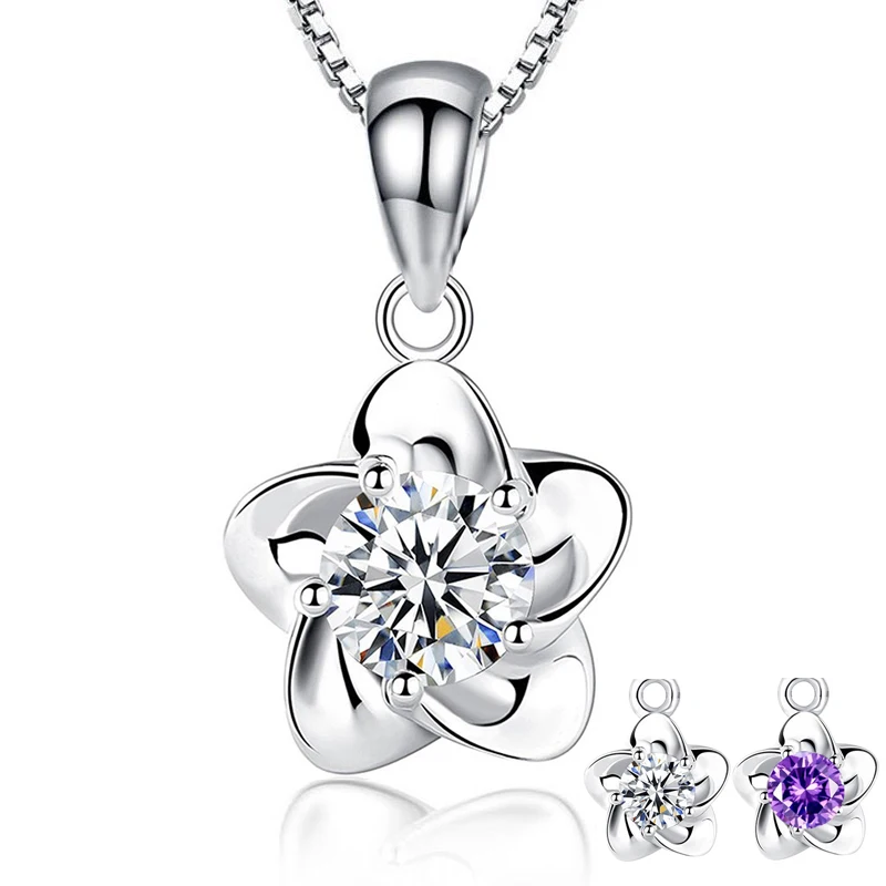 

Elegant Flower Necklace Women 925 Sterling Silver White/Purple CZ Stone Crystal Pendant Necklace Fashion Jewelry Naszyjnik Kolye