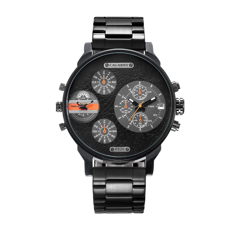drop shipping top luxury brand cagarny black watch for men dual time zones military watch men (7)