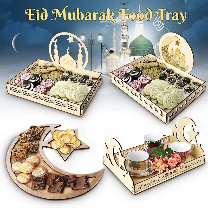 

Eid Mubarak Islam Dessert Tray Wooden Artistic Party Serving Tableware Tray Display Holder Wood Islam Muslim Food Storage Trays