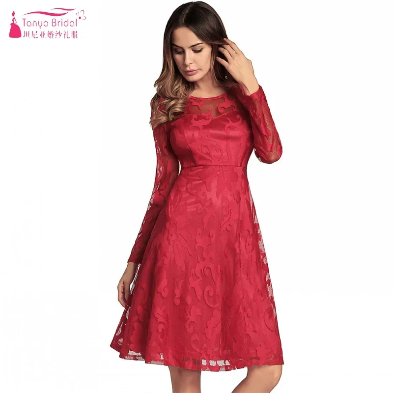

A Line Long Sleeves Lace Knee Length Cocktail Dresses Simple Style Cheap In Stock High Quality Party Dress Homecoming DQG525