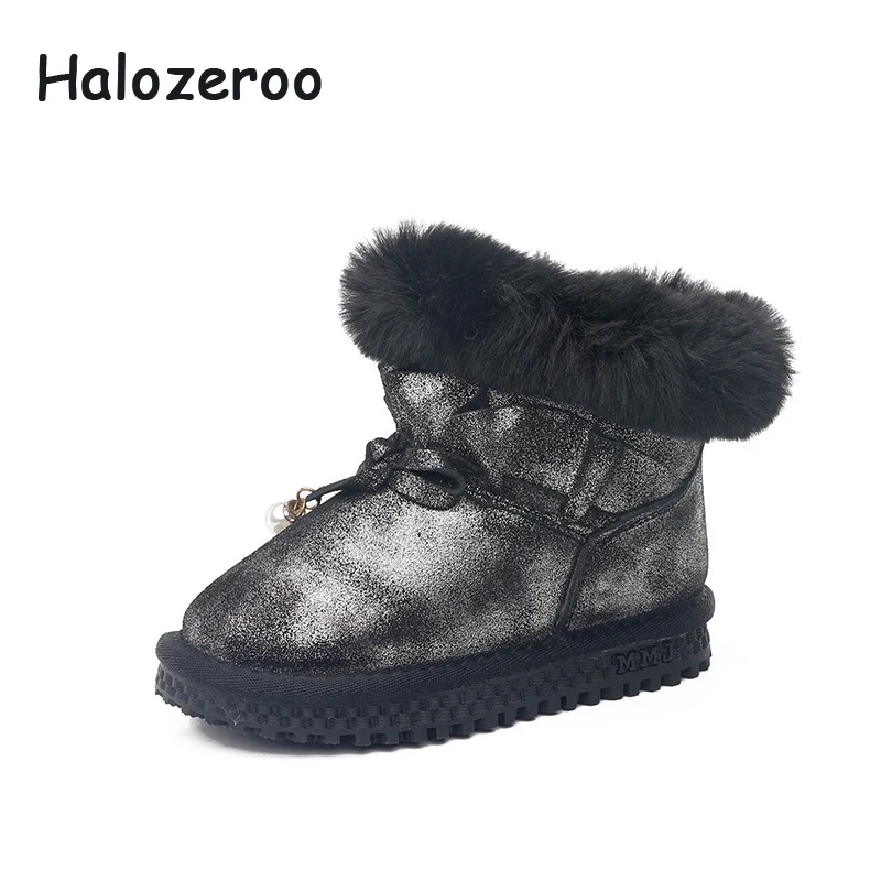 

Halozeroo Winter New Baby Girl Pearl Snow Boots Children Fur Genuine Leather Boots Kid Warm Bow Shoes Brand Fashion Black Boots