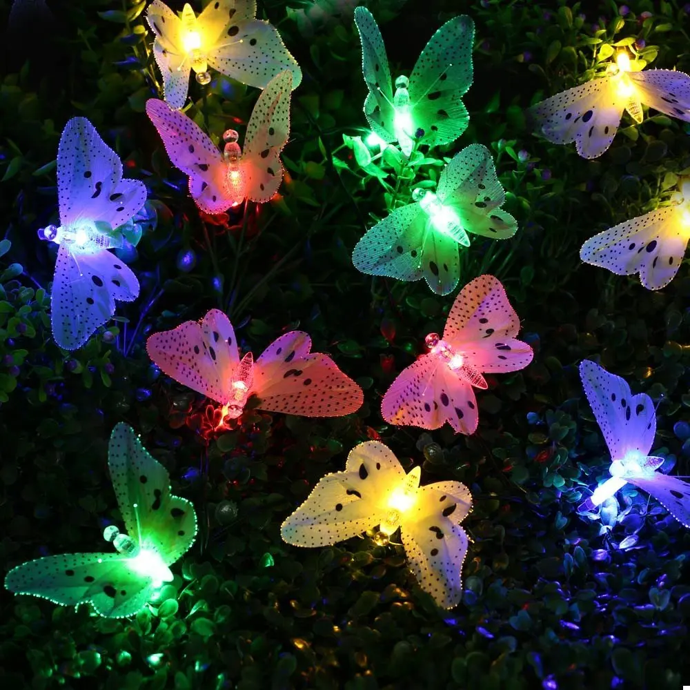 Qedertek Led Outdoor 12 LED Solar String Lights Multi Color Fiber Butterfly Light Decorative Lighting for Home Garden Christmas 