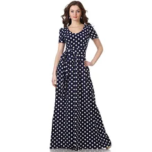 Short sleeve polka dot maxi vintage tunic belt waist fit and flare dress