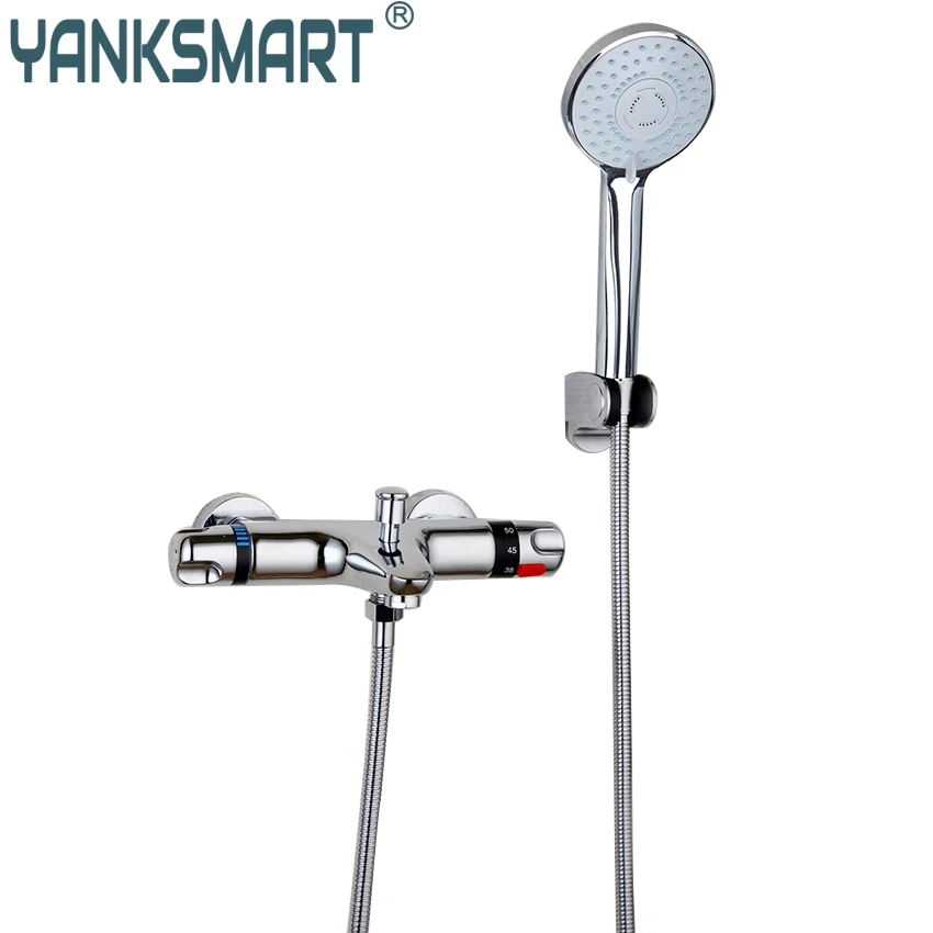

YANKSMART RU Bathroom Contemporary Wall Mounted Thermostatic Faucet Polished Chrome Mixer Tap Shower Set Rain Bathtub Faucet Set