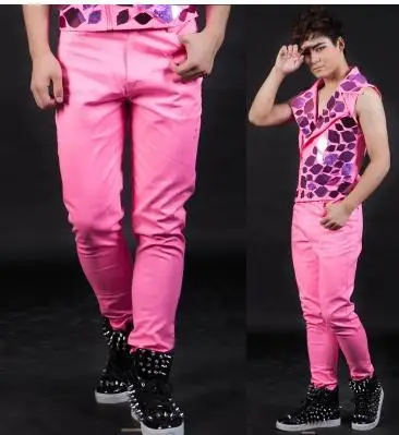 Розовый певец костюмы хлопковые брюки мужские 1 Брюки Мужские Сценические брюки мужские брюки дизайн персонализированные обеспечить на заказ