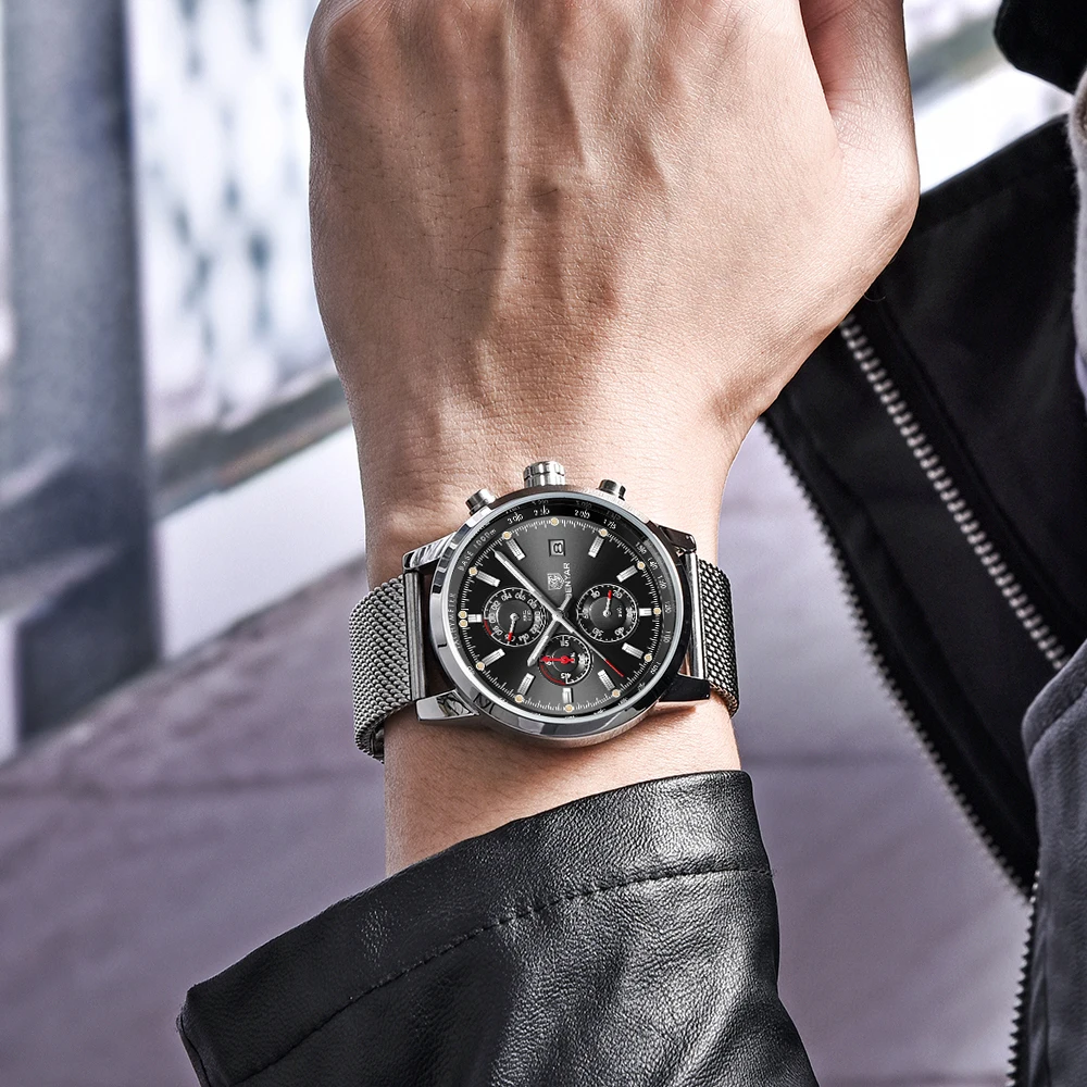 Benyar Men Watch Top Brand Luxury Male mesh belt Waterproof Sport Chronograph Quartz Wrist Watch Mi