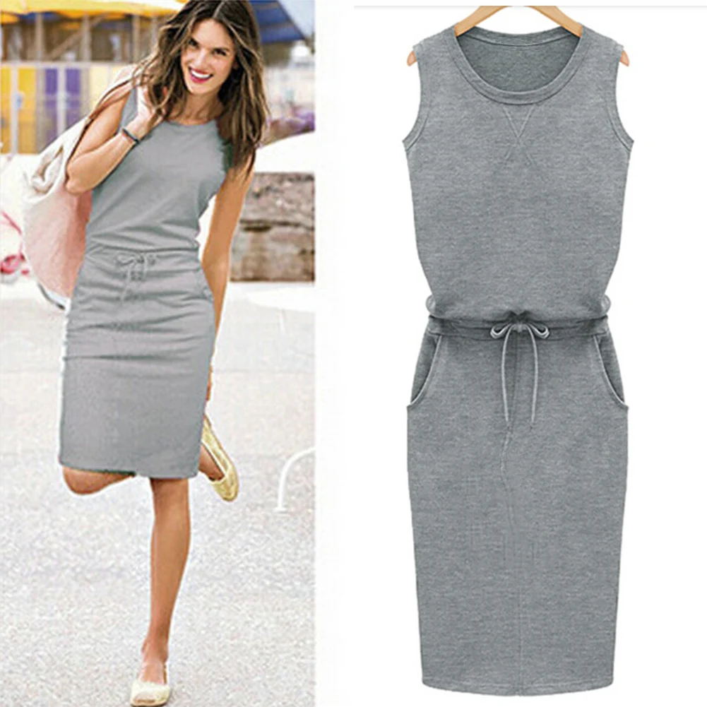 

Cotton Linen Dress 2018 Summer Fashion Women Sleeveless Slim With Belt O -Neck Dress Gray Black Rose 3 Colors M -Xl Large Size
