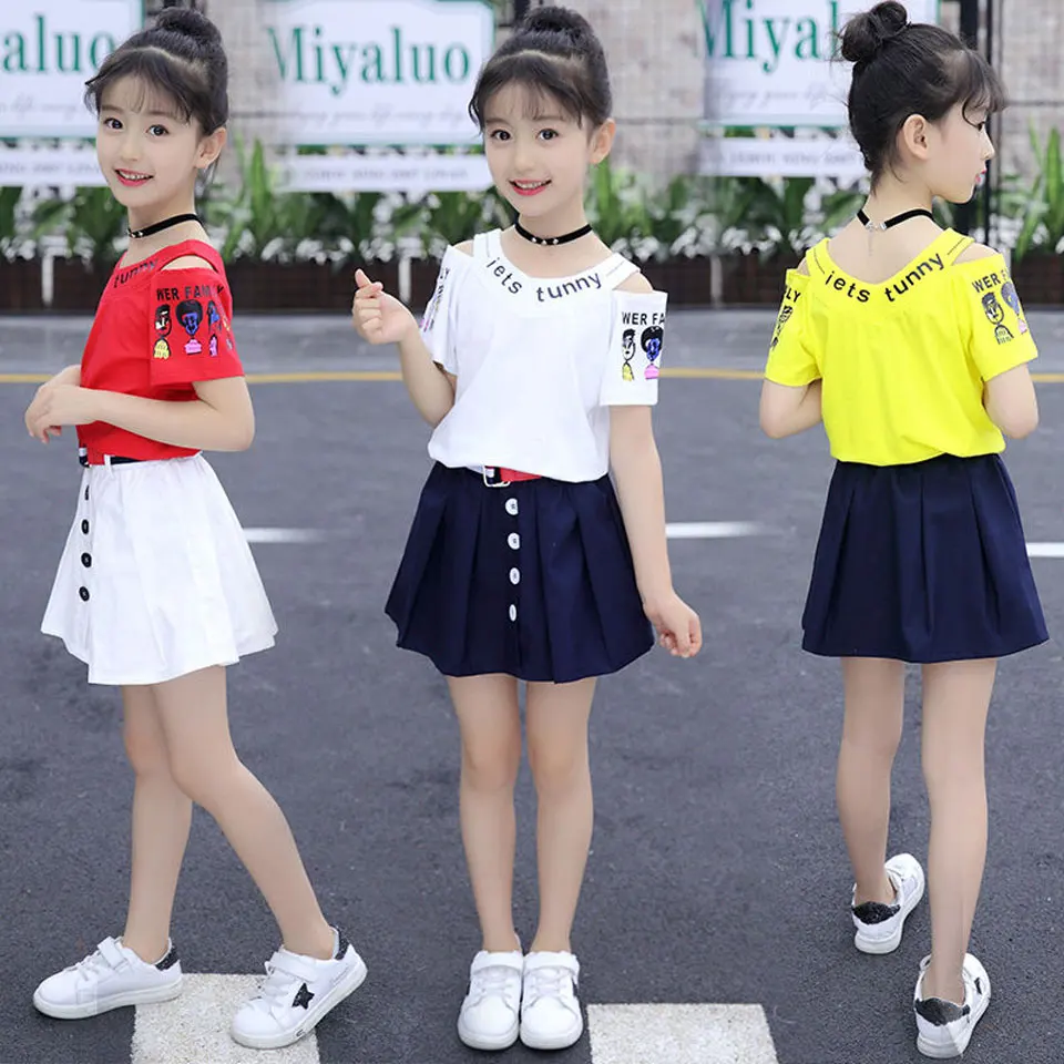 

2019 Clothes For Girls Solid Off Shoulder Shirt + Skirts Suit Summer Clothes For Girls Teenage Girls Clothing Set 6 10 12 Year