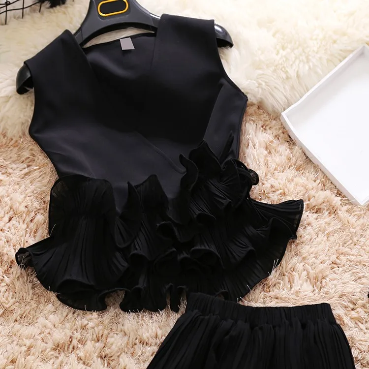 Amolapha, женский летний однотонный шифоновый топ с оборками+ широкие штаны, комплект одежды из 2 предметов, Красивая шифоновая одежда, костюмы - Цвет: Черный