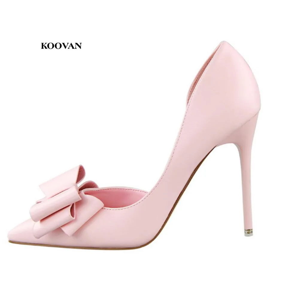 Sapatos de Salto Koovan Bombas Femininas Nova Moda Sapatos Femininos Doce Bowknot Alto Lado Oco Apontou Sandálias 2020