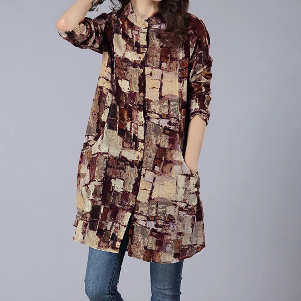 Fashion Top 2019 Women Mid-length Cotton Linen Long-sleeved Shirt Printed Collar Top T-Shirt