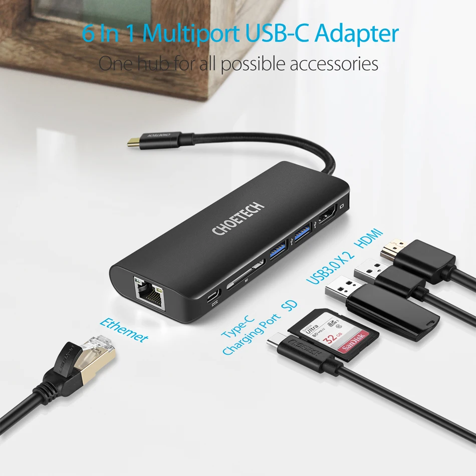 CHOETECH USB концентратор USB-C многопортовый адаптер PD зарядное устройство 4K HDMI SD кардридер 2 USB 3,0 порта 3,1 Тип C док-станция для MacBook