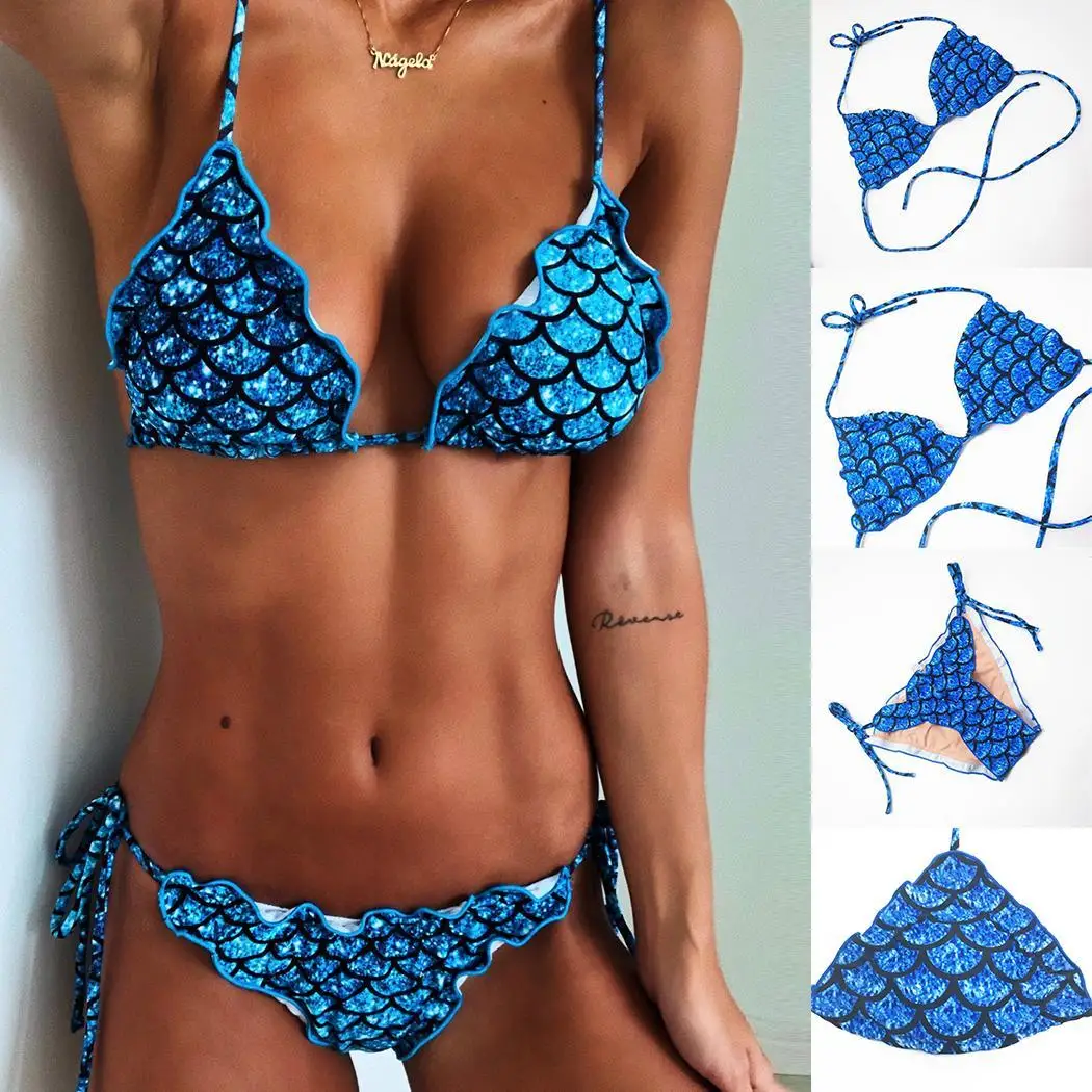 

Women Halter Sleeveless Fish Scale Pattern Backless Summer Yes Two-piece Loose Swimsuit No Swimming Wear