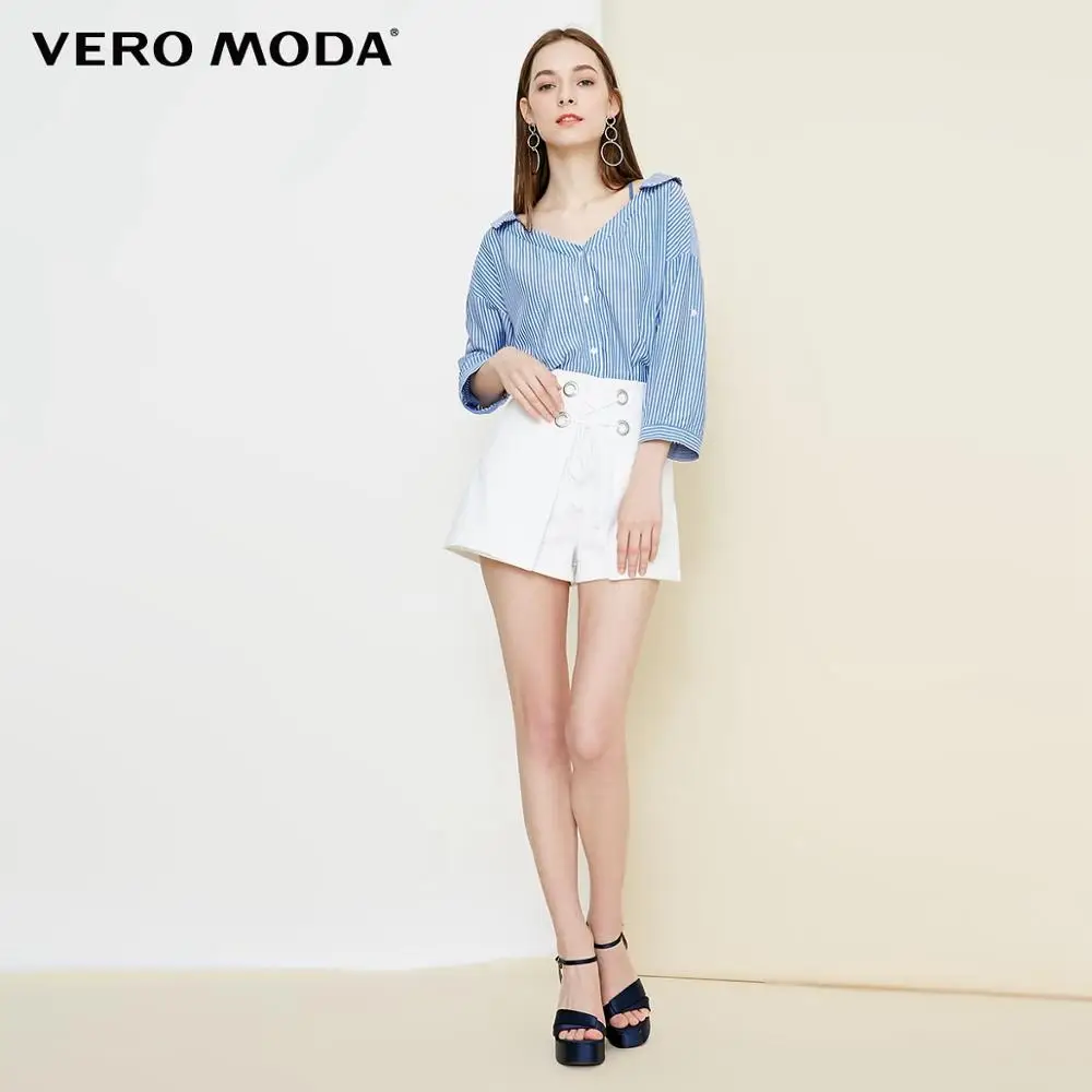 Vero Moda женская рубашка со шнуровкой и воротником в полоску с рукавами 3/4 | 318331525 - Цвет: Soft blue