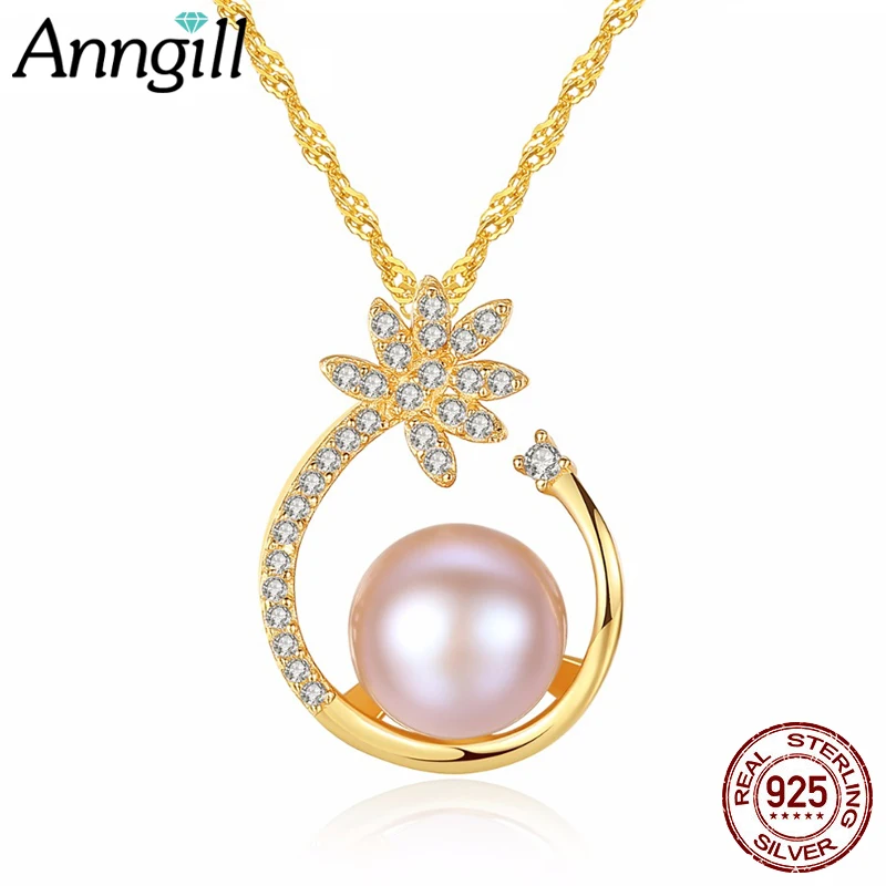 

New Fashion Women Flickering Zircon Flower Necklaces & Pendants Real 925 Sterling Silver Natural Pearl Gold Color Chain Jewelry