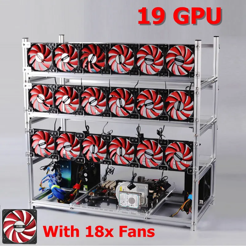 

19 GPU Silver/Black Mining Frame with With 18 x LED Fans Aluminum Stackable Mining Frame For Ethereum BTC