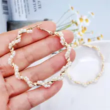 E441 New Fashion Classic Metal Round Women Hoop Earrings Korean Personality Simple Circle Pearl Earrings For Female Jewerly
