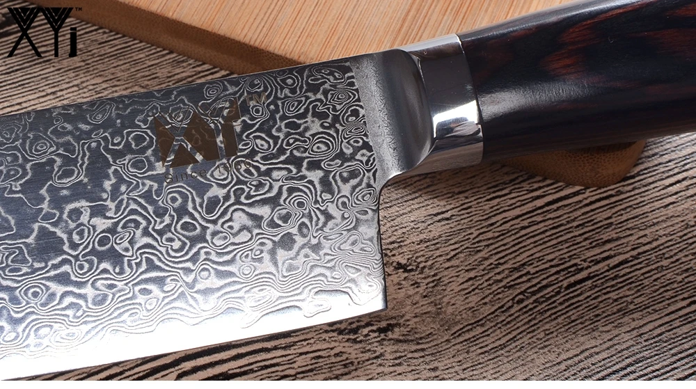 XYj 7 дюймов Santoku дамасский стальной нож VG10 острое лезвие цветной нож с деревянной ручкой крышка 73 слоя японский стиль