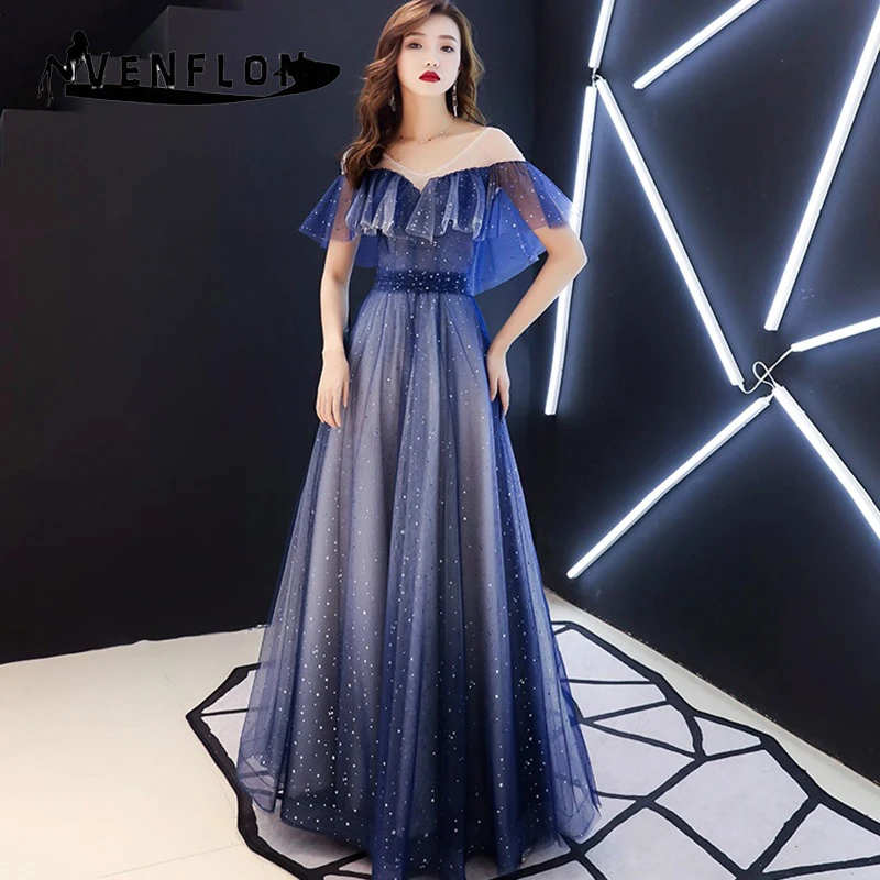 VENFLON Women Dress Summer 2019 Elegant Formal Sexy Off Shoulder Sequin Lace Long Dress Bridesmaid Ball Gwon Maxi Dress Blue 3XL