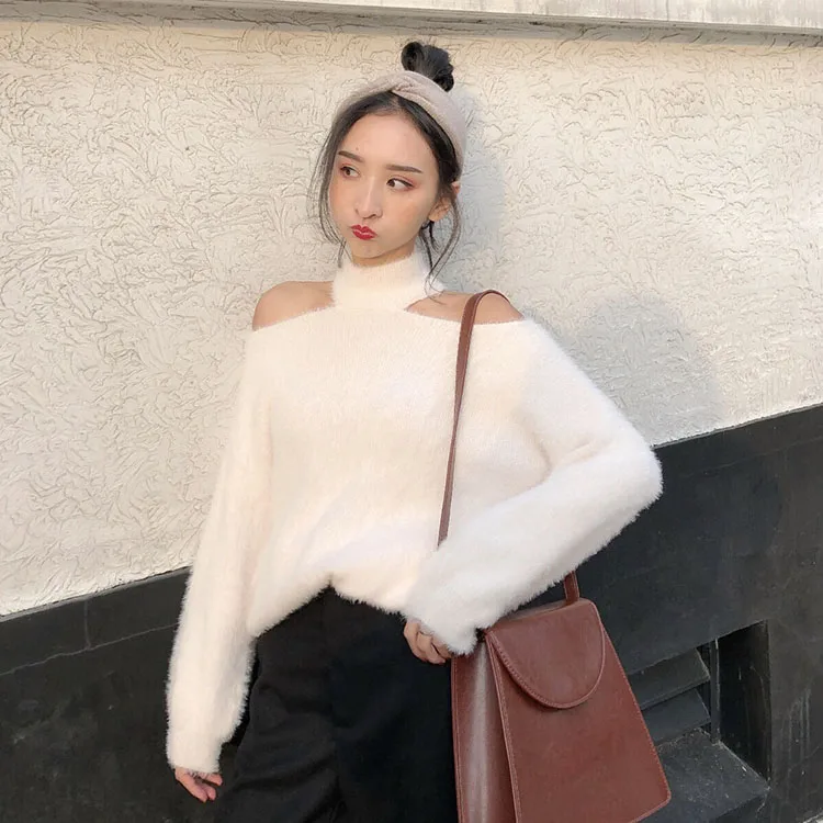 

Lychee Girls Off Shoulder Mohair Knitted Sweaters Turtleneck Long Sleeve Women Warm Sweaters Autumn Winter Loose Sweet Sweater