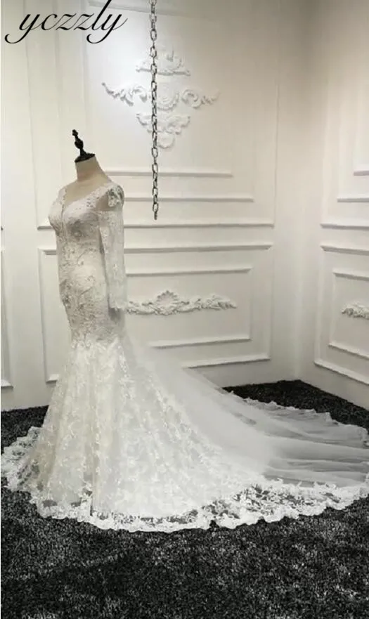 Abiti da sposa сексуальные кружевные свадебные платья Русалка с v-образным вырезом и аппликацией Свадебные платья с длинными рукавами Свадебные платья без спинки Casamento