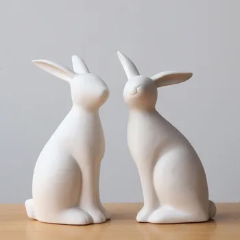 

European minimalist white ceramic rabbits figurines cute animal home decor crafts bunny ornament room decorations birthday gift