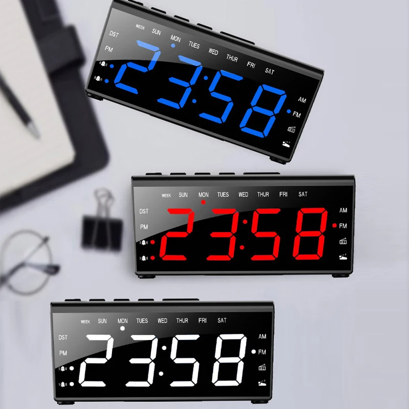 

2019 Digital Radio Clock Dual Alarms Temperature Snooze Day Time Dimmable Backlit 6.5-inch LED Screen Alarm Clocks EU PLUG