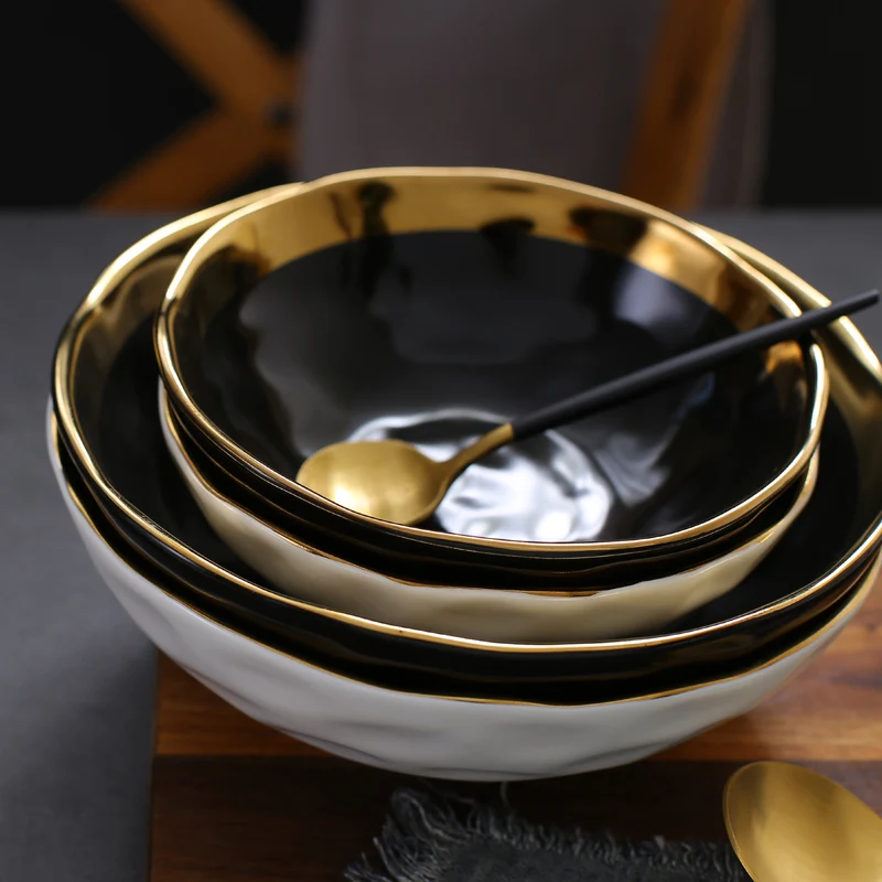 4 шт. Набор Золотая инкрустация столовая посуда коллекция керамическая тарелка и чаша с золотым краем посуда белый и черный столовый набор