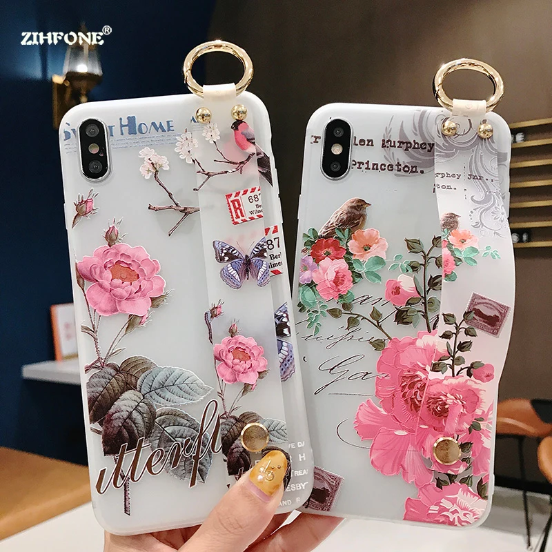 

Fundas Flower Silicone Phone Case For Xiaomi Redmi K20 K20 Pro Note 7 Case 3D Relief Wrist Strap Soft TPU Bird Holder Cover Capa