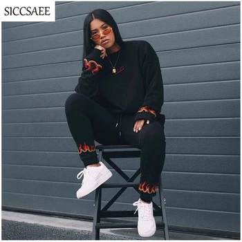 

Black Tracksuit For Women Letter Fire Offset Printed Two Piece Set Sweat Suit Loose Casual Outfits Moleton Feminino Fall 2018