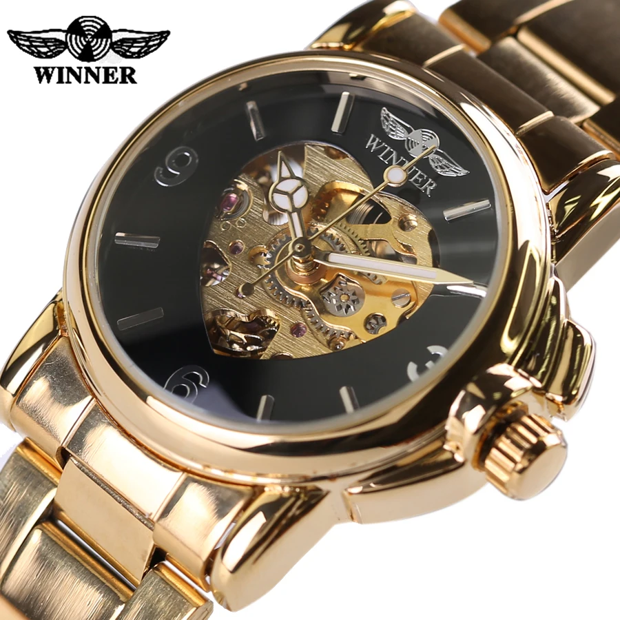 Promotional New Skeleton Watches Women Winner Steel Strap Mechanical Dress Watch Clocks Women Gold Whatch Erkek