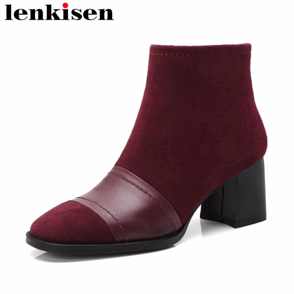 

Lenkisen genuine leather zipper autumn winter ankle boots square toe high quality office lady women thick high heels shoes L60