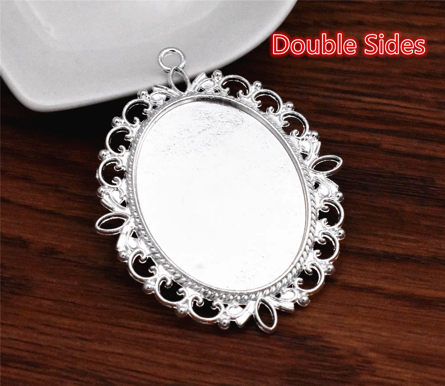 

2pcs 30x40mm Inner Size Bright Silver Plated Double Sides Flower Style Cabochon Base Cameo Setting Charms Pendant