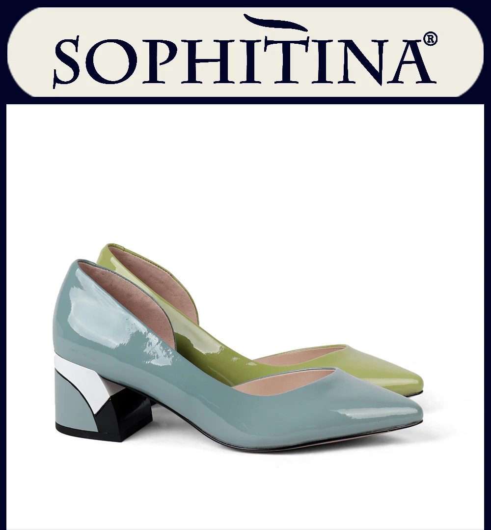 SOPHITINA/Новинки 2019г. Удобная летняя обувь с открытым боком на дизайнерском трехцветном каблуке. Женские летние туфли из лакированной кожи модного цвета, подкладка из свиной кожи. Босоножки с заостренным носкомSC163