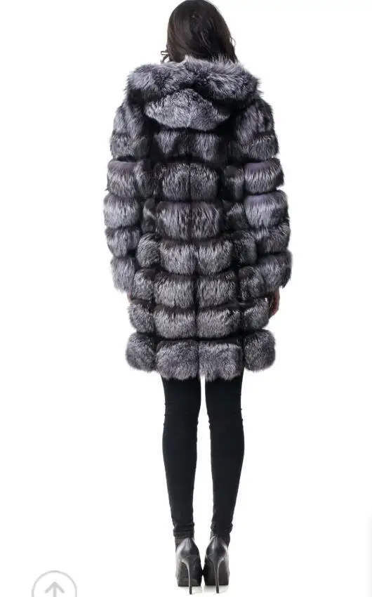 90cm Long Natural Real Silver Fox Fur Coats Outerwear Women Jackets With Hood Winter New Warm  Plus Size S - 8XL  For Female 