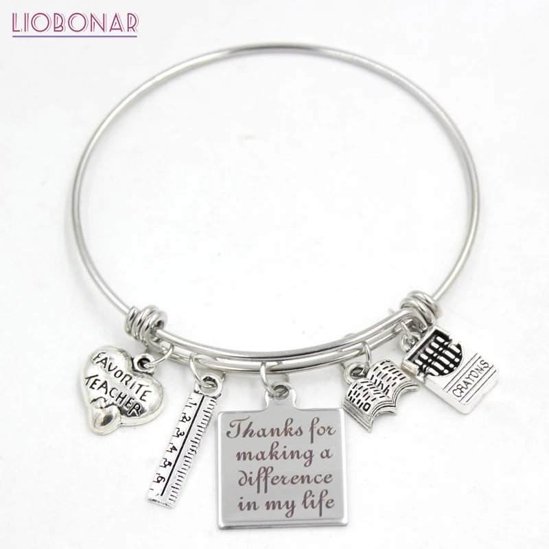 

1PC Stainless Steel Jewelry Adjustable Wire Bangle Book Ruler Crayons Favorite Teacher Charm Bracelet for teachers day gift