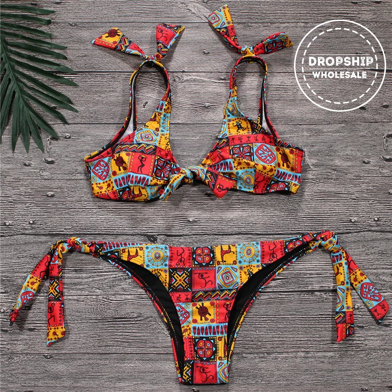 

2019 Ethnic Print Women Bikini Set Bohemia Bikinis HOT Summer Backless Bowknot Swimsuit Female Swimming Bathsuit Bodysuit