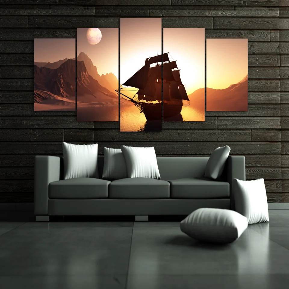 

Canvas Poster Wall Art HD Printed Home Decor Painting 5 Panel Sunset Mountain Sailboat Living Room Modular Framed Pictures