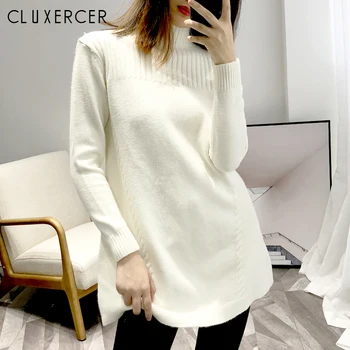 

Winter Knitting Sweater Pullovers Women Long Sleeve Tops White Pink Turtleneck Long Style Knitted Sweater Woman Jumper