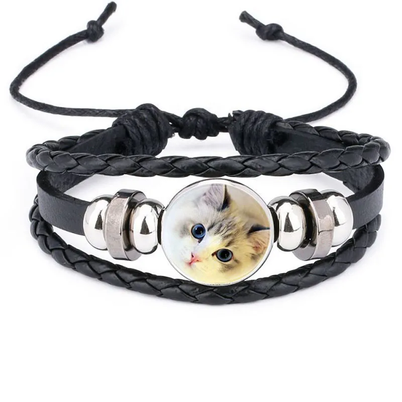 Harajuku Style Cat Jewelry with Glass Cabochon Cheshire Cat Pattern Bracelet Genuine Leather Multilayer Beaded Bracelet Bangle