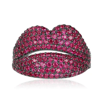 

YP Cute Pure 925 Sterling Silver Sexy Red Lip Finger Ring Rose Crystal Color Zircon Women Wedding Silver Jewelry Christmas Gift