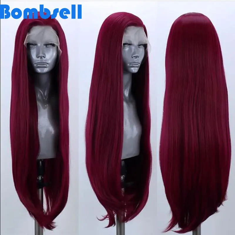 

Bombshell Dark Wine Red Mix Pink Straight Synthetic Lace Front Wig Glueless Heat Resistant Fiber Natural Hairline For Women Wigs