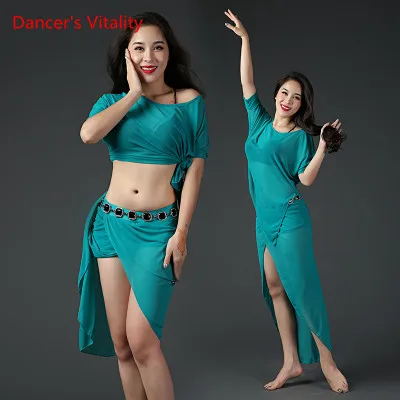 Женский костюм для индийских восточных танцев, топ с рукавами «летучая мышь», сексуальный раздельный костюм с юбкой, костюм для соревнований, танцевальная одежда для румбы - Цвет: Темно-зеленый