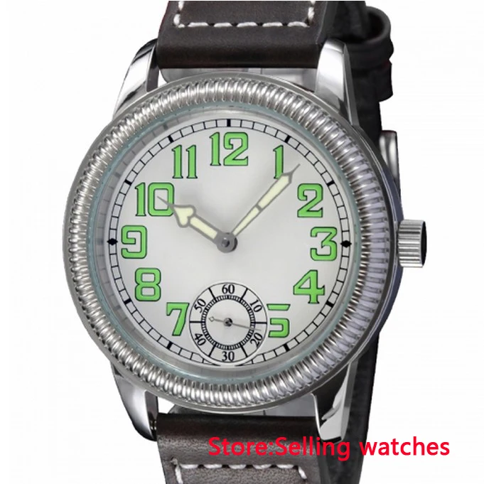

44mm White Dial Green numbers Number Hand Winding 6498 men's watch
