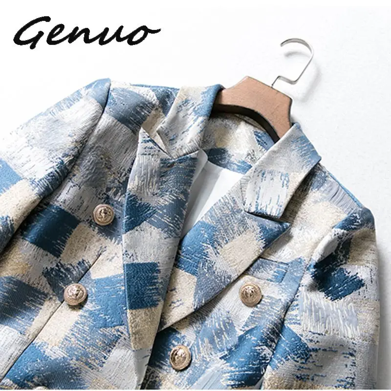 Genuo 2019 Brand New Unique Designing Runway Women Notched Double Breasted Plaid Graffiti Printing Autumn Casual Blazer Jacket