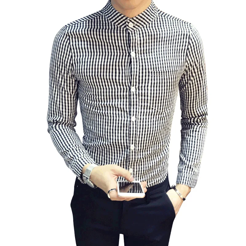 

Spring 2018 New Men's Long-sleeved Shirt with Vertical Collar and Small Lattice Plaid Shirt Men Plus Size 3XL 4XL 5XL